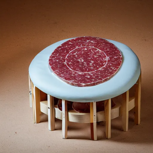 Image similar to a round bench made of salami, studio photography, 5 0 mm