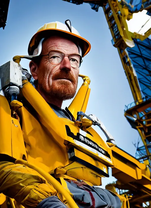 Image similar to closeup portrait of mecha bryan cranston with construction crane arms, yellow hardhat, sitting in a crane, natural light, bloom, detailed face, magazine, press, photo, steve mccurry, david lazar, canon, nikon, focus