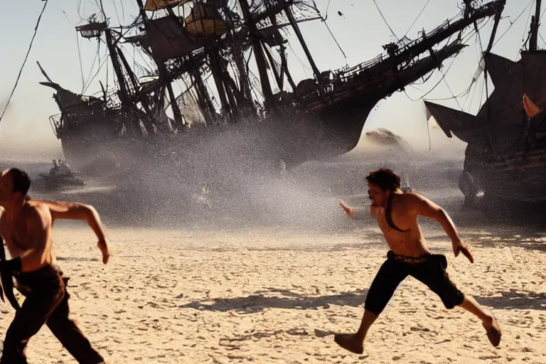 Image similar to closeup pirate couples running down beach as pirate ship fires canons, sand explosion by emmanuel lubezki