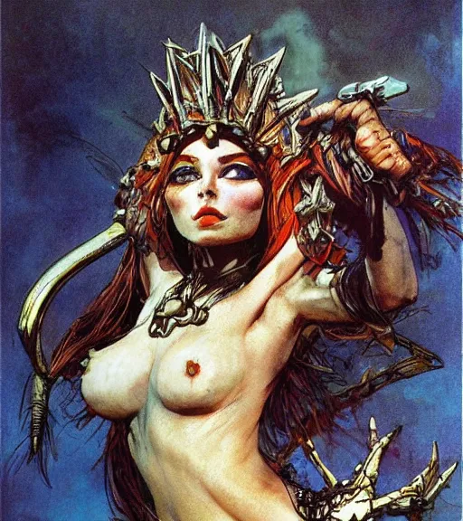 Image similar to princess of the wasteland, scrap metal headdress, strong line, deep color, high contrast, beautiful! coherent! by brian froud, by frank frazetta, low angle