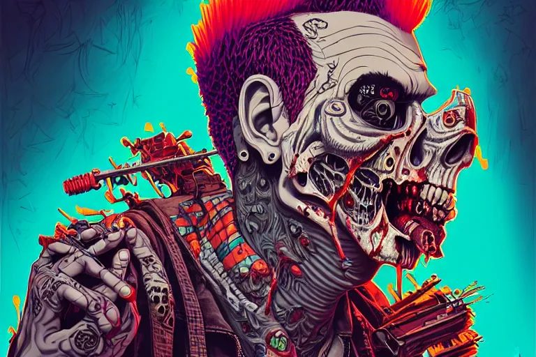 Image similar to zombie punk guitarist with a mohawk, tristan eaton, victo ngai, artgerm, rhads, ross draws, intricated details, 3 / 4 view, full body portrait