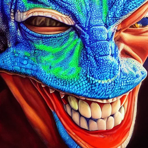 Image similar to president donald j clinton as a smiling laughing bright blue lizard person, airbrush painting, hyper detailed, 8 k, photorealism, rule of thirds, glitter.