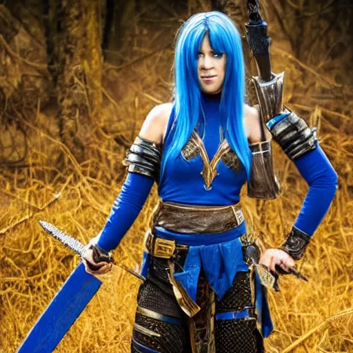 Image similar to photo of a female rogue warrior with lapis lazuli armour and weapons