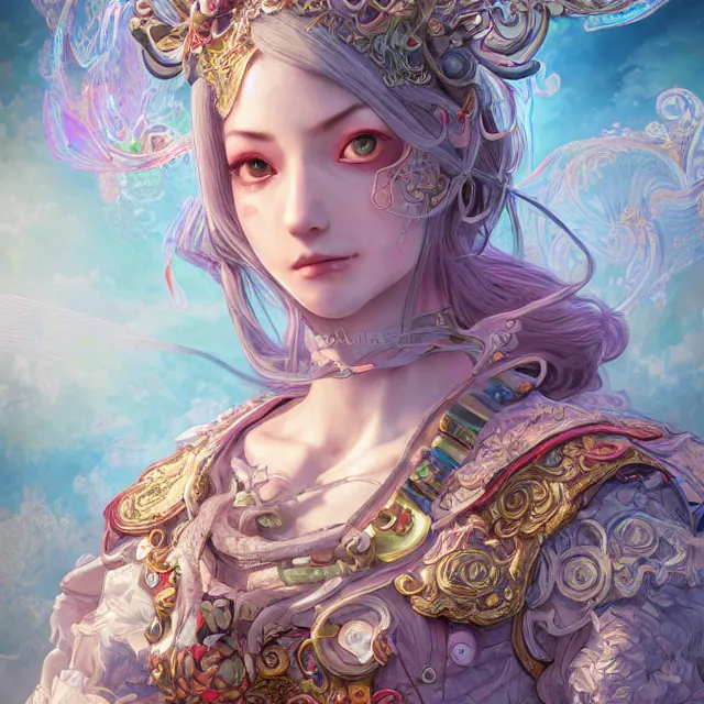 Prompt: studio portrait of neutral good rainbow colorful female cleric bard healer as absurdly beautiful, elegant, young skinny european gravure idol, an ultrafine hyperdetailed illustration by kim jung gi, intricate linework, detailed faced, sharp focus, bright colors, octopath traveler, final fantasy, unreal engine 5 highly rendered, global illumination, radiant light, detailed and intricate environment