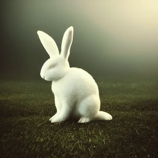 Image similar to “white bunny with black spots on face, staring at you in hell fog, raining fire, volumetric lighting, golden hour, sharp focus, ultra detailed”