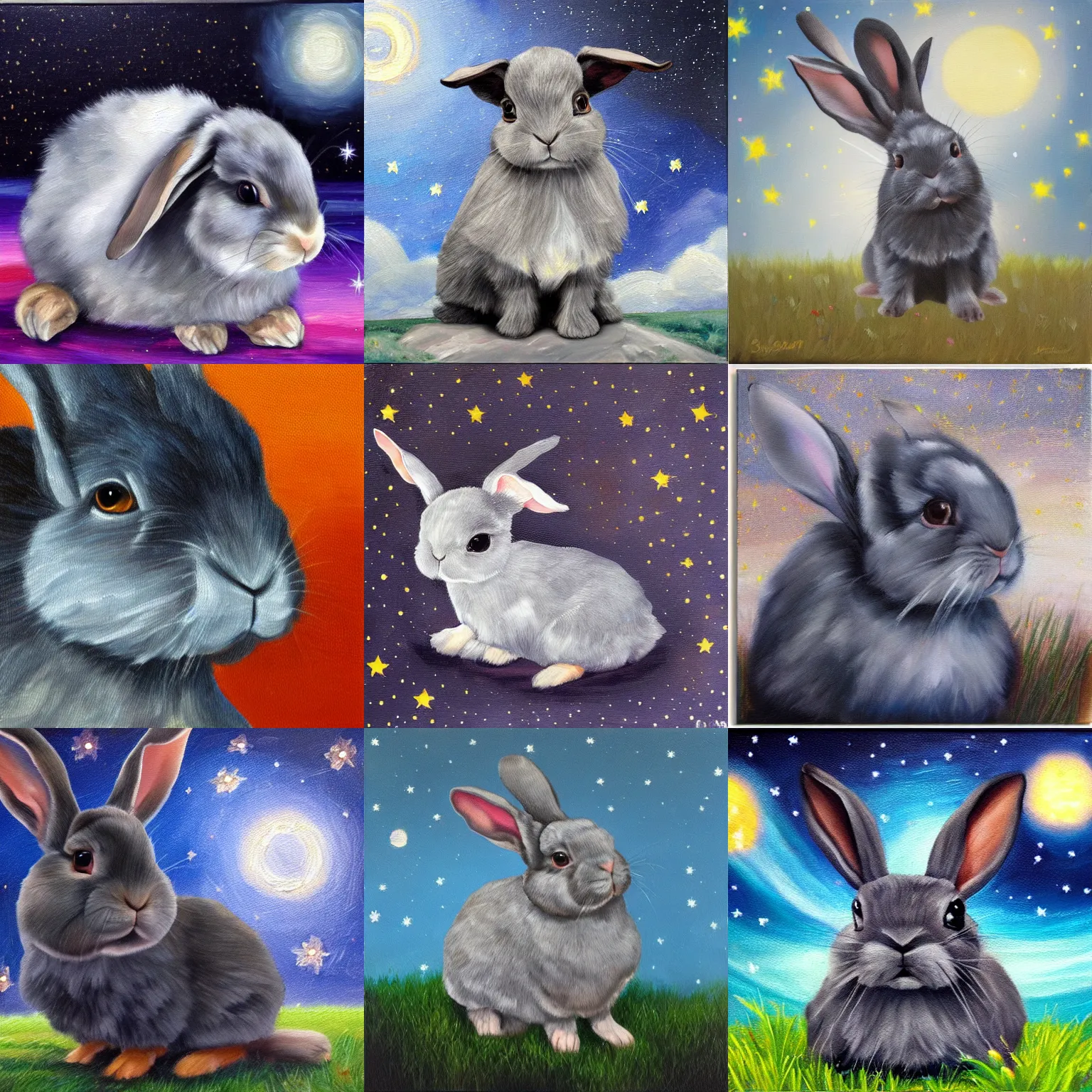 Prompt: Oil painting portrait of a dark gray holland lop rabbit, starry sky, dreamy