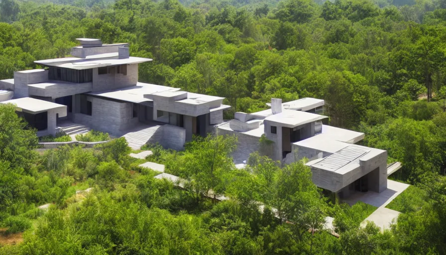 Prompt: modern house with trees in courtyard and big entrance, tibetan inspired architecture, on a green hill, frank lloyd wright, photorealistic, drone view