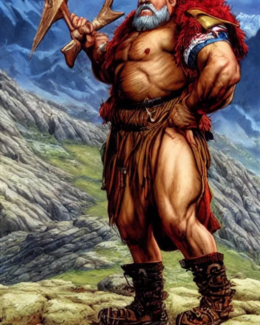 Prompt: a bald warrior male dwarf with long brown beard in a mountainous landscape, art by mark brooks, jason edmiston, glenn fabry