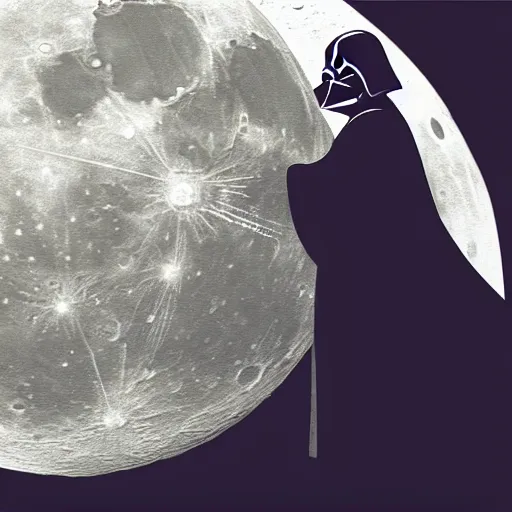 Prompt: darth vader standing on the moon looking at the sky