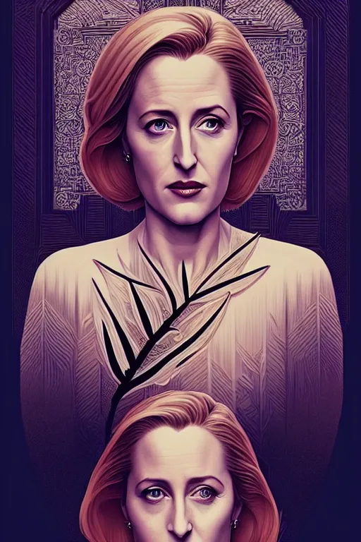 Image similar to young gillian anderson portrait, art deco, x - files, intricate art deco leaf designs, elegant, highly detailed, sharp focus, art by artgerm and beeple and greg rutkowski and wlop