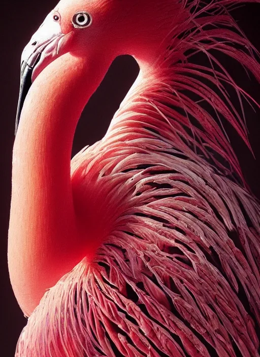 Image similar to portrait of a flamingo with translucent skin, visible muscles and veins and arteries and bones and spines and nerves, beautiful detailed intricate insanely detailed octane render, 8k artistic photography, photorealistic, chiaroscuro, by David Cronenberg, Raphael, Caravaggio