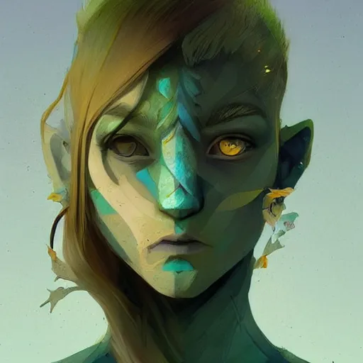 Image similar to Beautiful Avatar with a blond hair, green eyes, satyr ears and blue skin profile picture by Greg Rutkowski, asymmetrical, Organic Painting , Matte Painting, geometric shapes, hard edges, street art, trending on the artstation:2 by Sachin Teng:4, blur: -4