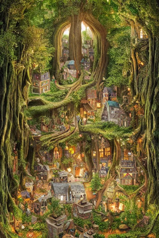 Image similar to a miniature city built into the trunk of a single colossal tree in the forest, with tiny people, in the style of james c christensen, lit windows, close - up, low angle, wide angle, awe - inspiring, highly detailed digital art