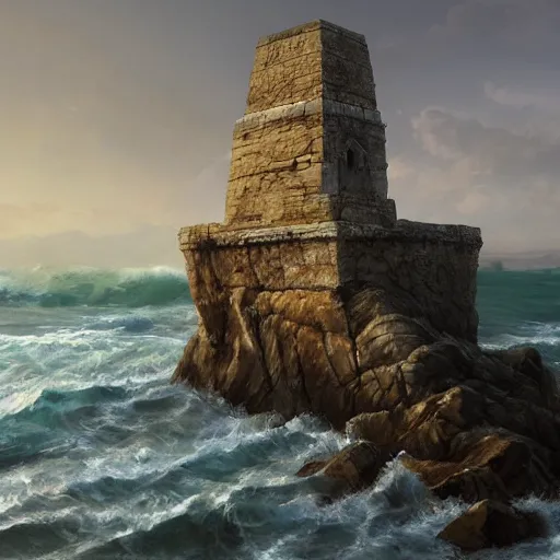 Image similar to ancient stone tower rising from the waves, artstation