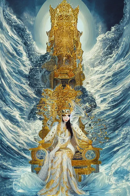 Prompt: ultradetailed painting of a beautiful empress on a throne made of waves and ice with a single grand white and gold tiger guardian by Karol Bak, volumetric lighting, tarot card