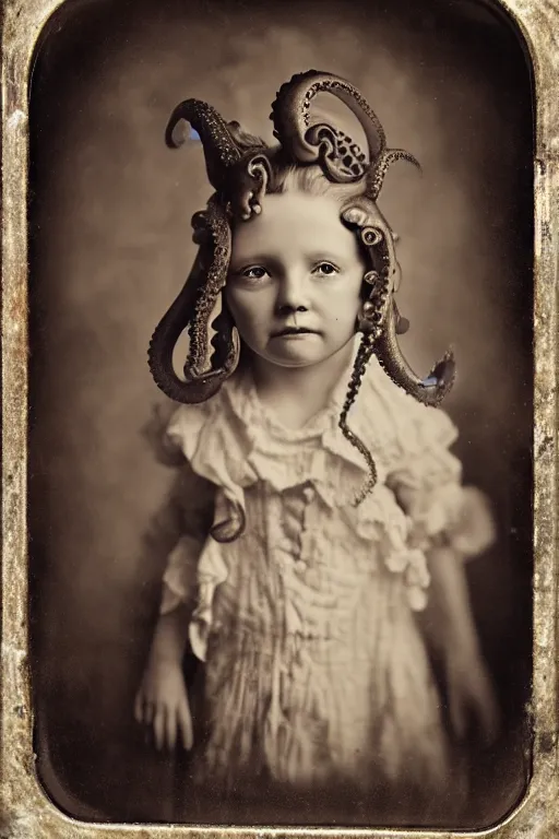 Prompt: wet plate photograph portrait of victorian octopus child with an octopus head, dressed in a victorian - era clothing, head is an octopus, dramatic lighting, highly detailed, smooth, sharp focus