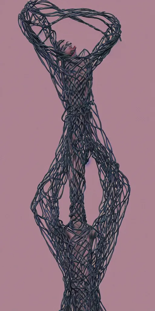 Image similar to beautiful female bodies intertwined, steel shibari ropes wrapped around bodies, surrealism, abstract, no face, color gradients,