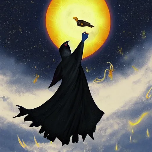 Prompt: A kenku raven wearing frayed yellow robes while worshipping a solar eclipse!!!!. Detailed. D&D. Solar eclipse in background.