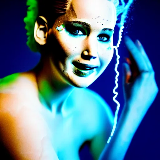 Prompt: smiling jennifer lawrence as the bride of frankenstein, macro photography, glowing retinas, fuscia cyan yellow white powder on face, national geographic