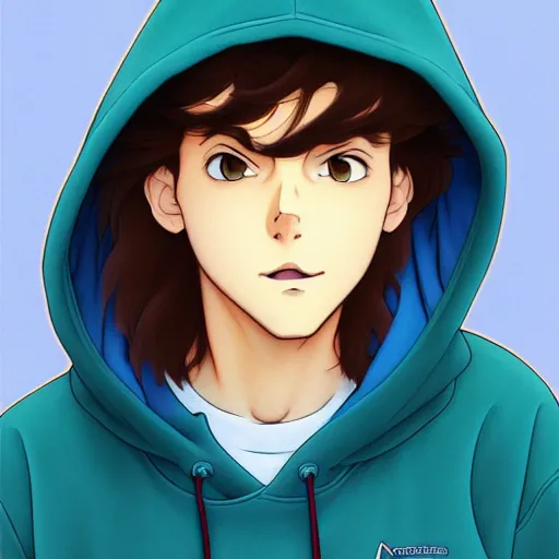 Image similar to teen boy with brown hair and big blue eyes, wearing a hoodie, fluffy white persian cat, natural lighting, path traced, highly detailed, high quality, cartoon, digital painting, by don bluth and ross tran and studio ghibli and alphonse mucha, watercolor