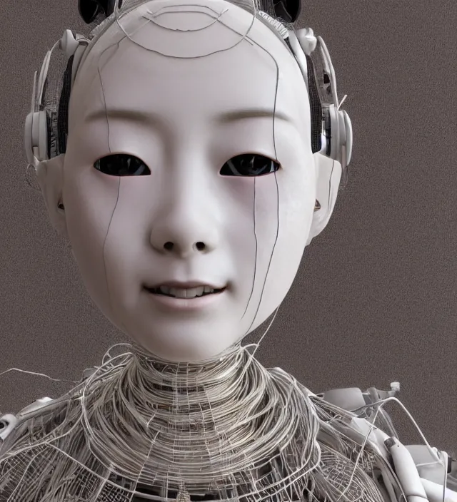 Prompt: portrait of a slightly rusty japanese robotic geisha with wires and actuators, porcelain white face, dramatic lighting, hyper - realistic, ultra - realistic, intricate details, 8 k ultra high definition, octane render