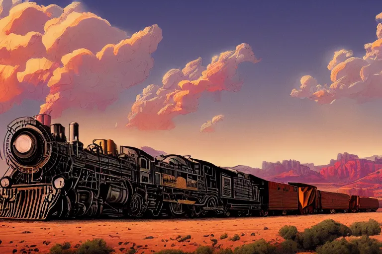 Image similar to old western freight train illustration by joe fenton and syd mead, artstation, 4 k, graphic novel, concept art, matte painting, steam engine spewing billowy white clouds of steam, beautiful idyllic mountain desert sunset background, golden hour