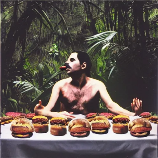 Prompt: album cover of freddie mercury in the last supper in the jungle eating hamburgers