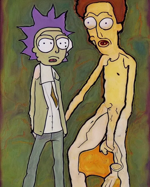 Image similar to portrait of rick and morty by egon schiele in the style of greg rutkowski