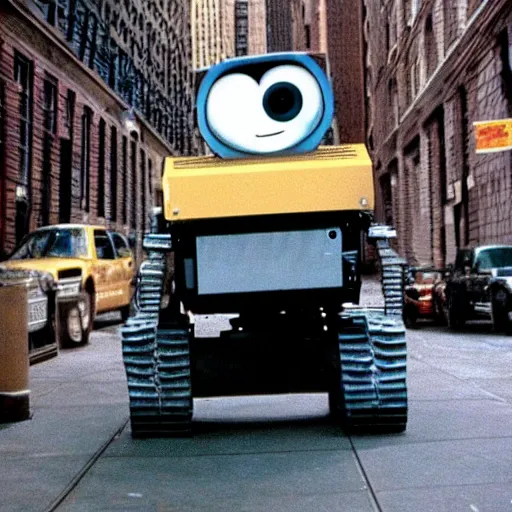 Image similar to taller older Wall-E in New York street, epic 1986 cinematic still