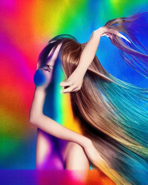 Prompt: dynamic pantene lux hair flip, chic graphic street fashion model, color interference, high fashion photograph portrait, isolated background, WLOP, Alexis Franklin, Felipe Pantone