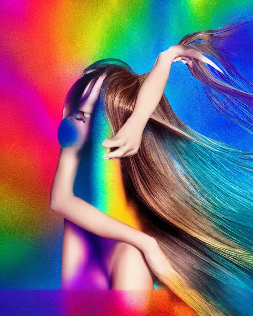 Image similar to dynamic pantene lux hair flip, chic graphic street fashion model, color interference, high fashion photograph portrait, isolated background, WLOP, Alexis Franklin, Felipe Pantone