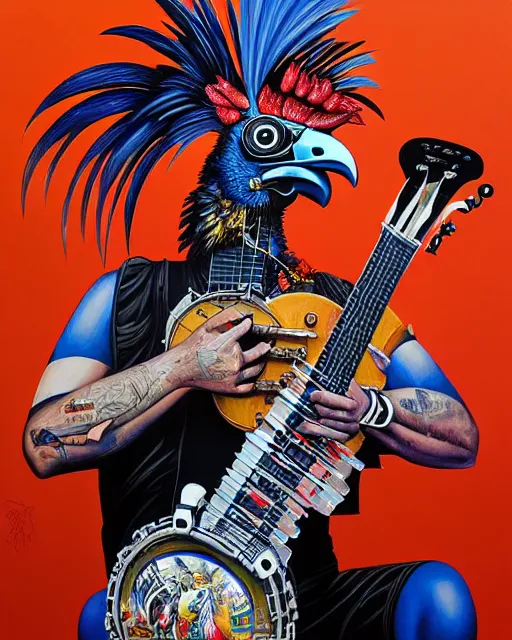 Image similar to a portrait of an anthropomorphic cyberpunk rooster shredding a banjo by sandra chevrier, by jon foster, detailed render, tape deck, epic composition, cybernetics, 4 k realistic, cryengine, realistic shaded lighting, sharp focus, masterpiece, by enki bilal