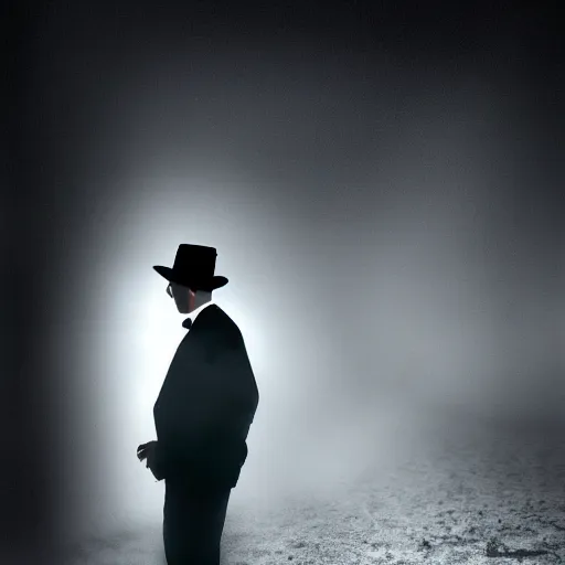 Image similar to white light from right, mysterious man in black suit and black hat, he has a pistol, smoke, fog, mysterious, 4 k, highly detailed, digital art, strong shadows, high contrast, epic scene, atmospheric, blue colours, old photograph