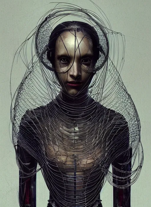 Image similar to portrait of a futuristic geisha cyborg surrounded by wire locked into the matrix, in the style of ghost, by jheronimus bosch and greg rutkowski,