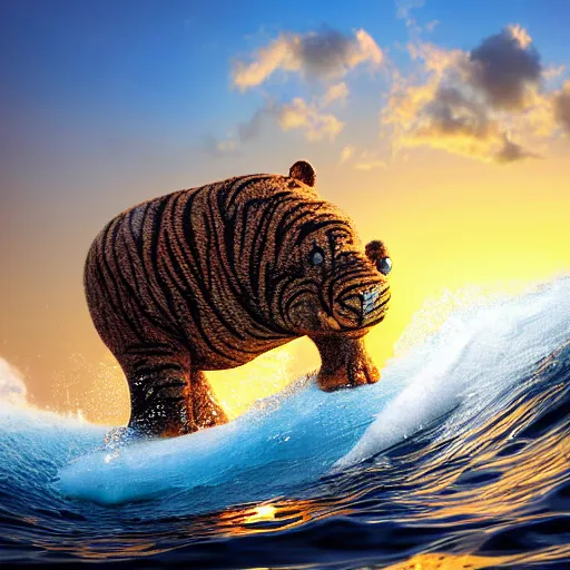 Image similar to a closeup photorealistic photograph of a cute smiling knitted tiger hippopotamus riding a wave at sunset. surf in background. professional capture. brightly lit scene. this 4 k hd image is trending on artstation, featured on behance, well - rendered, extra crisp, features intricate detail, epic composition and the style of unreal engine.