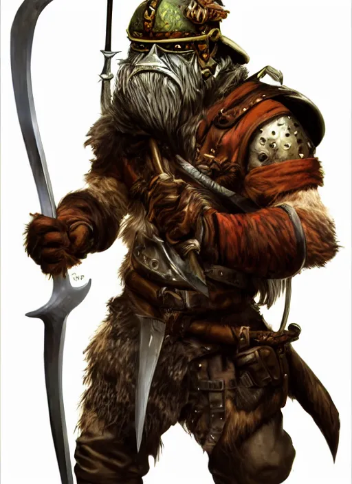 Image similar to photorealistic bugbear ranger holding sword on fire, magic, black beard, dungeons and dragons, pathfinder, roleplaying game art, hunters gear, jeweled ornate leather and steel armour, concept art, character design on white background, by sargent, norman rockwell, makoto shinkai, kim jung giu, artstation trending, poster art, colours red