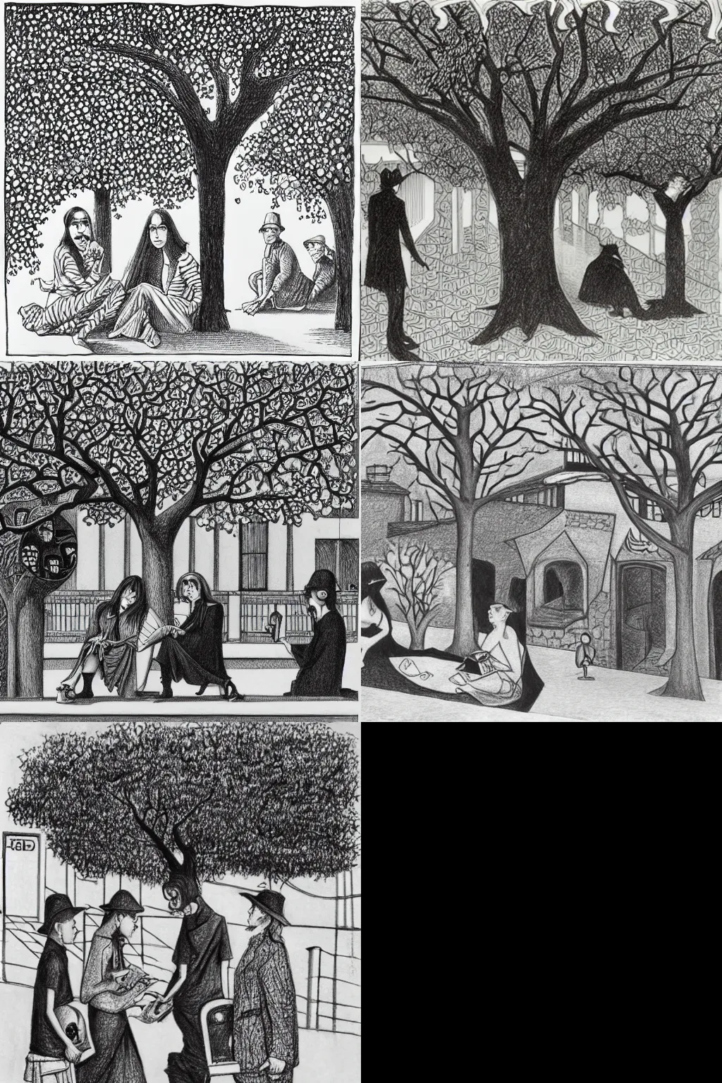 Prompt: an hd drawing by m. c. escher. three goths loitering in the shade, talking beneath a cherry tree outside a blockbuster video store.