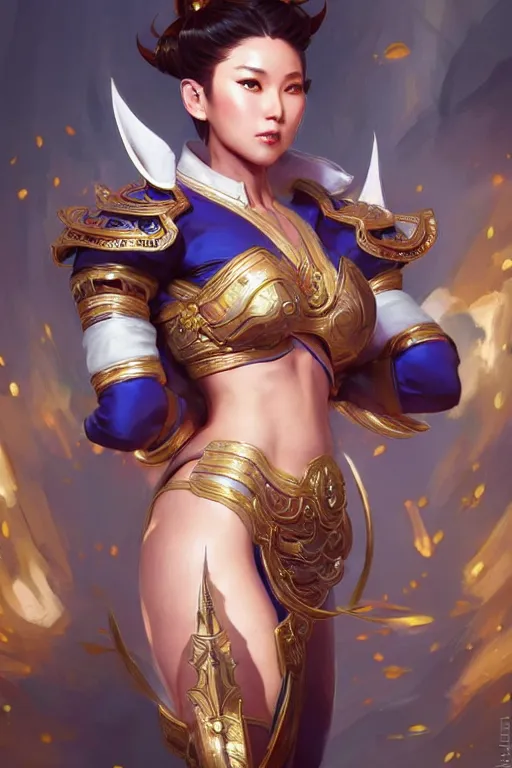 Image similar to beautiful chun li, full body shot, d & d, fantasy, intricate, elegant, highly detailed, digital painting, artstation, concept art, matte, sharp focus, illustration, hearthstone, art by artgerm and greg rutkowski and alphonse mucha