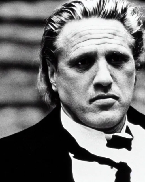 Image similar to film still close up shot of gary busey as vito corleone from the movie the godfather. photographic, photography