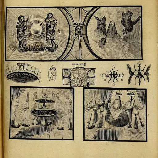 Prompt: found pages from an occult textbook written in the 2 2 0 0 ’ s. pictures, diagrams witchcraft