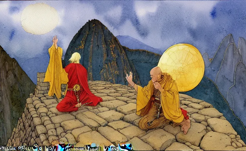 Prompt: a realistic and atmospheric watercolor fantasy concept art of a golden ufo landing on top of machu pichu. in the foreground a female medieval monk in grey robes is kneeling with her hands by her sides. by rebecca guay, michael kaluta, charles vess and jean moebius giraud
