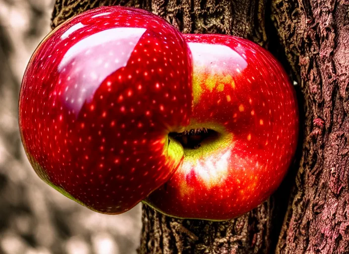 Prompt: 35mm photo of an intricate!! Red apple that has transparent skin and a nee universe visible inside, growing off a tree branch. very detailed, 8k, fantasy horror, award winning, hr giger.