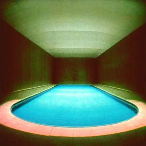 Prompt: Beautiful colored-photo cameraphone 2005 soft liminal Photograph of an infinite dark hall pool