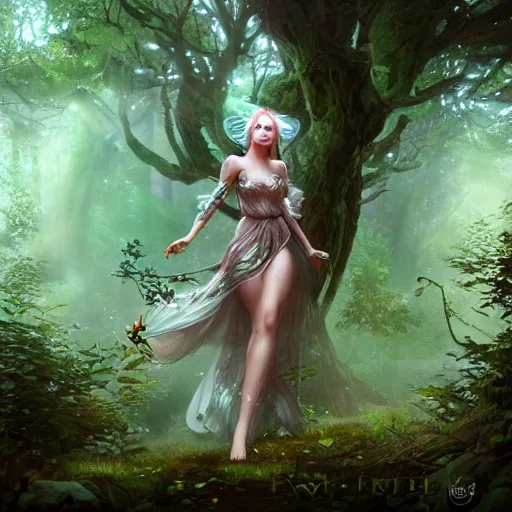 Prompt: a divine fairy druid forest goddess ascending into a new universe, in the style of wlop and vanessa lemen and charlie bowater, illustration, epic, fantasy, hyper detailed, unreal engine, ray tracing