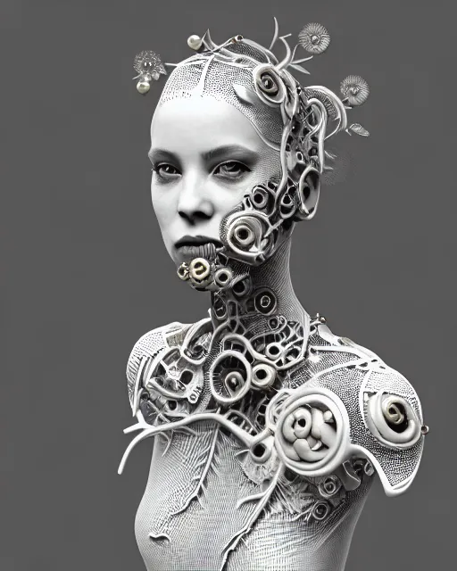 Image similar to monochrome 3 d model, 1 8 7 0 picture, silver lace floral steampunk biomechanical beautiful young female cyborg with porcelain profile face and a techno eye, volumetric light, leaves foliage and stems, hibiscus flowers, sinuous fine roots, fine foliage lace, alexander mcqueen, rim light, big gothic fashion pearl embroidered collar, octane render, 8 k