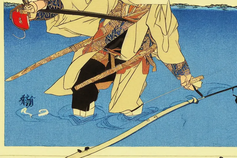 Image similar to a ronin samurai holding a fishing rod, a blue crescent lake by satoshi kon by justing gerard