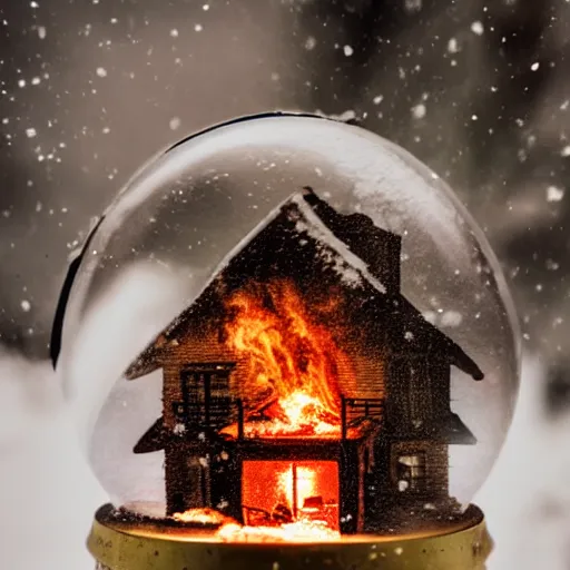 Prompt: house in flames inside a snow globe, award winning photo, depth of field, dramatic, burning