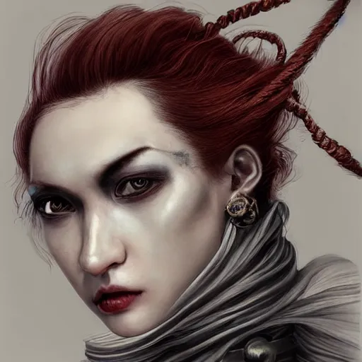 Image similar to portrait of a Shibari rope wrapped face and neck, headshot, insanely nice professional hair style, dramatic hair color, digital painting, of a old 15th century, old cyborg merchant, amber jewels, baroque, ornate clothing, scifi, realistic, hyperdetailed, chiaroscuro, concept art, art by Franz Hals and Jon Foster and Ayami Kojima and Amano and Karol Bak,