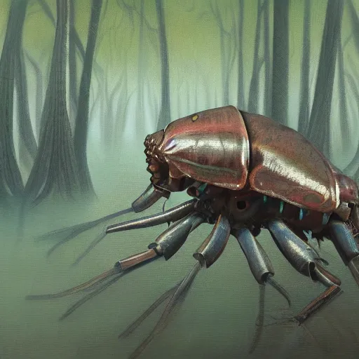 Prompt: humanoid isopod, swamp, forest, foggy, oil painting