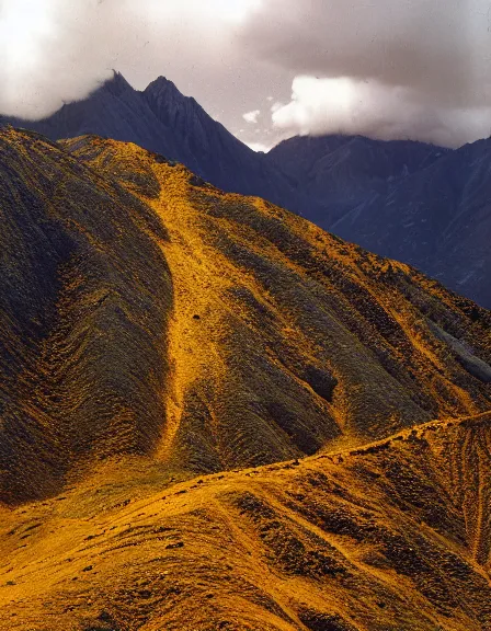 Image similar to vintage color photo of Cordillera De Los Andes covered in liquid gold reflecting light, 8k definition